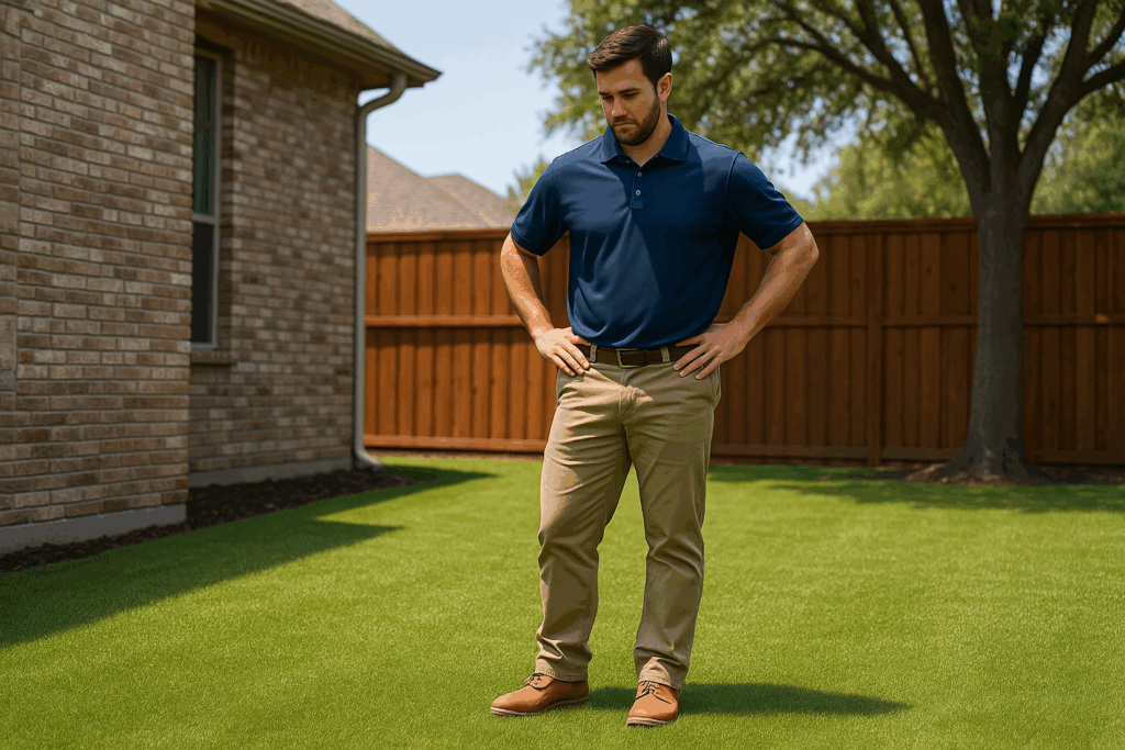 Technician kneels to inspect artificial turf in a Dallas backyard, checking turf fibers near a stone house and cedar fence.